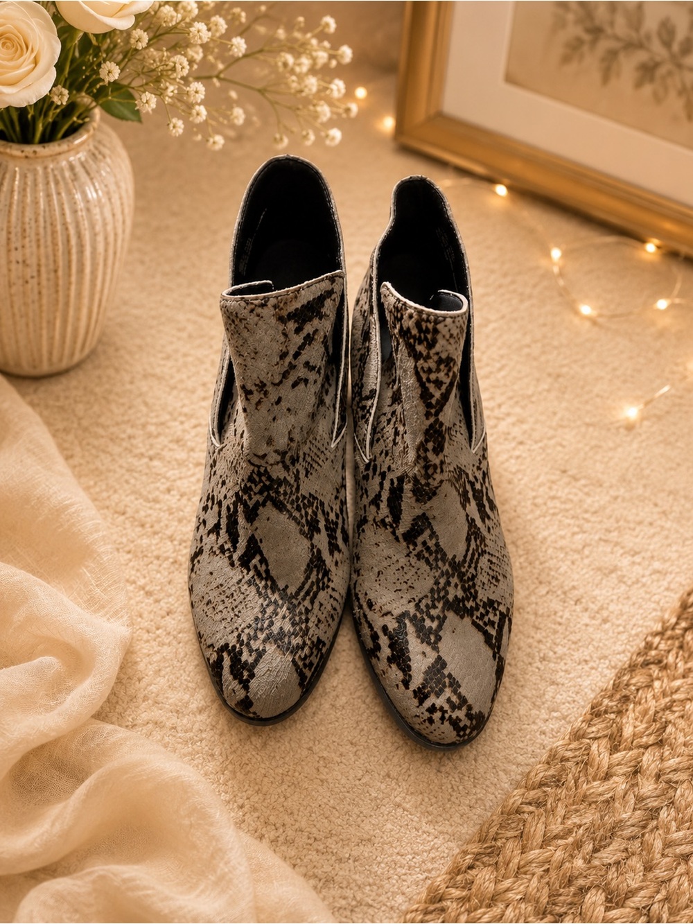 Back to school 🏫 me too Gray Snake-Print Pointed Ankle Booties